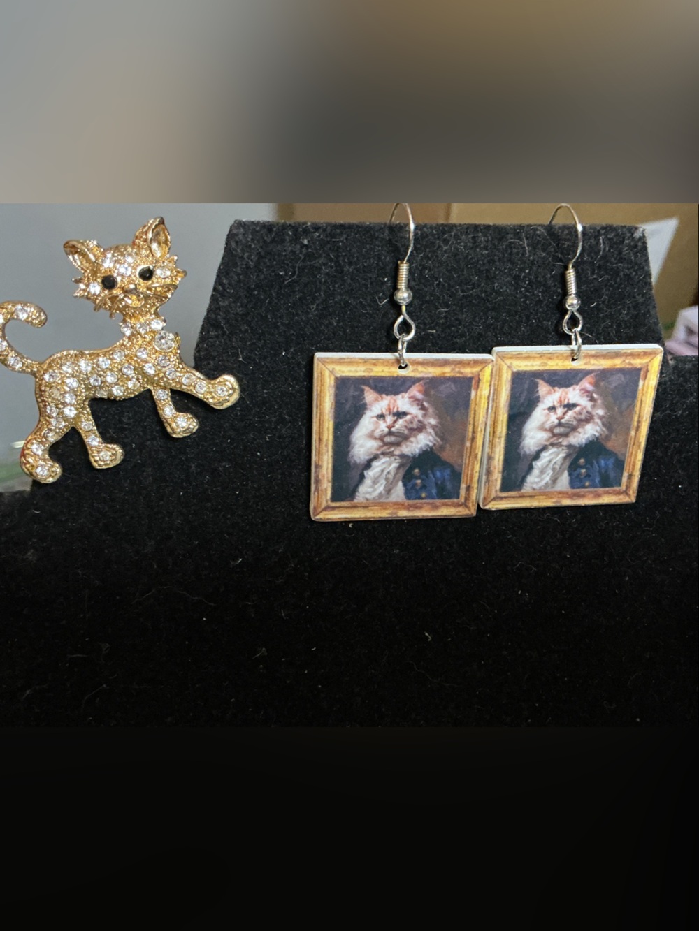 Gold Crystal Cat Brooch and cat earrings combo - Sparkling Animal Pin